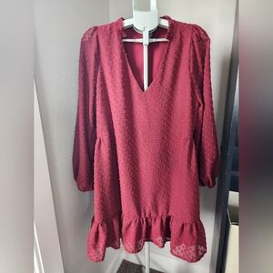 Arula Callie Clip Dot Ruffle burgundy plaid/gingham long sleeve dress, xl